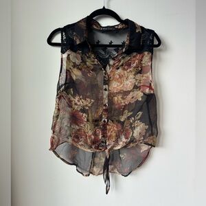 Wet Seal Chiffon Collared Floral Sleeveless Tank Top Blouse Brown Red Tan Black
